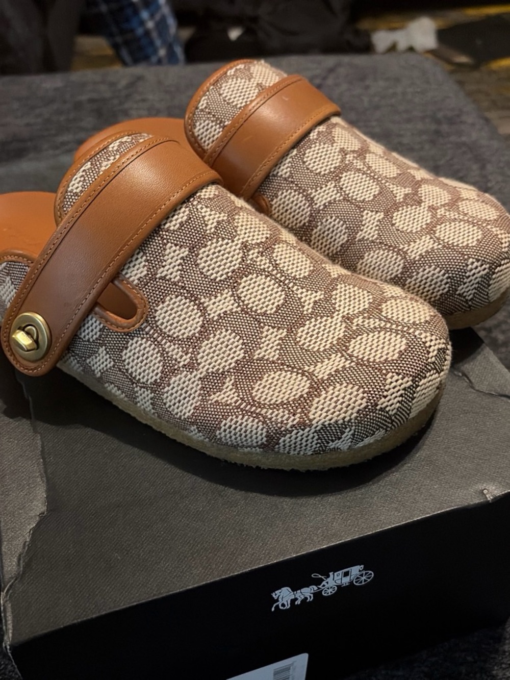 Coach Tan & Brown Signature Canvas Slide Mules - Picture 2 of 4